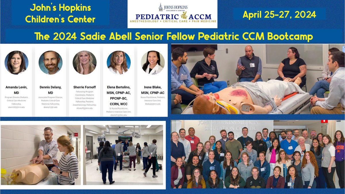 Less than 24 hours! ⏰ 🤩 The 2024 @HopkinsPedsCCM Sadie Abell Senior Fellow #PedsICU Bootcamp is here- led by @JHPICUFellows PD @AmandaLevin7 & team. bit.ly/sadieabell24 Can’t wait to welcome fellows & faculty from across the country to Baltimore for an enriching 3…