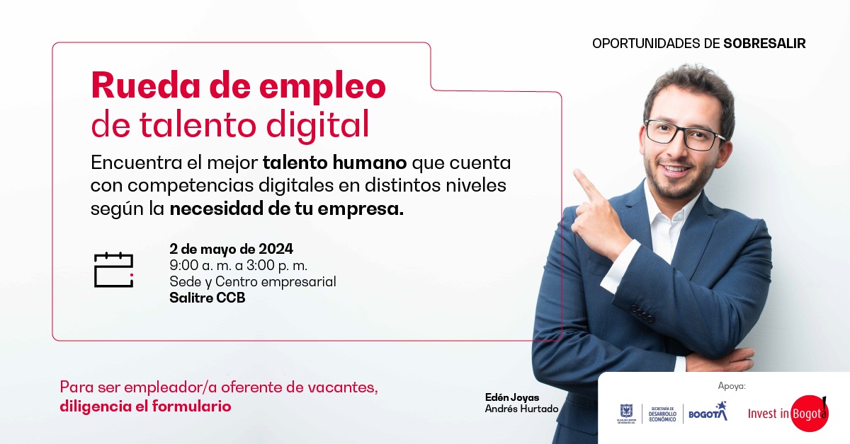 ¡Conecta con el mejor talento digital para tu empresa! 🌟 Desde la CCB, junto con <a href="/investinbogota/">Invest in Bogotá</a> y la <a href="/DesarrolloBta/">Secretaría Desarrollo Económico</a>, te invitamos a la Rueda de Empleo de Talento Digital. #TeConectamos. Conoce más aquí ➡ tinyurl.com/w7ed6kfu