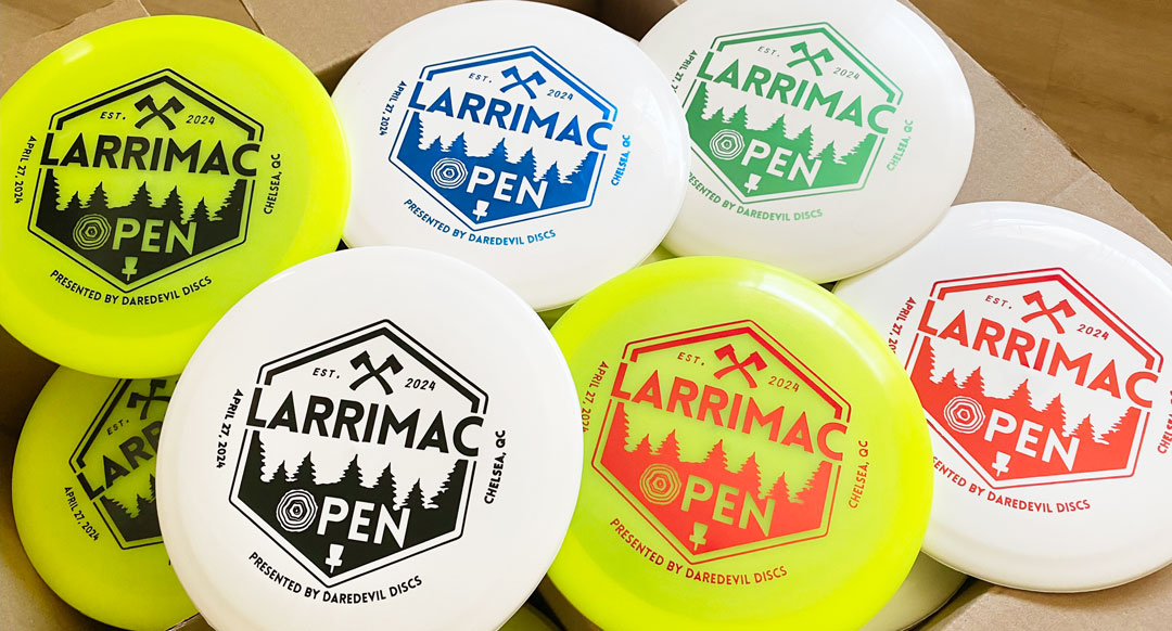 DaredevilDiscs's tweet photo. Good Luck to all the players competing in the sold out 'Larrimac Open' presented by 'Daredevil Discs' this weekend in Chelsea, Quebec! https://t.co/p514WRCjy2