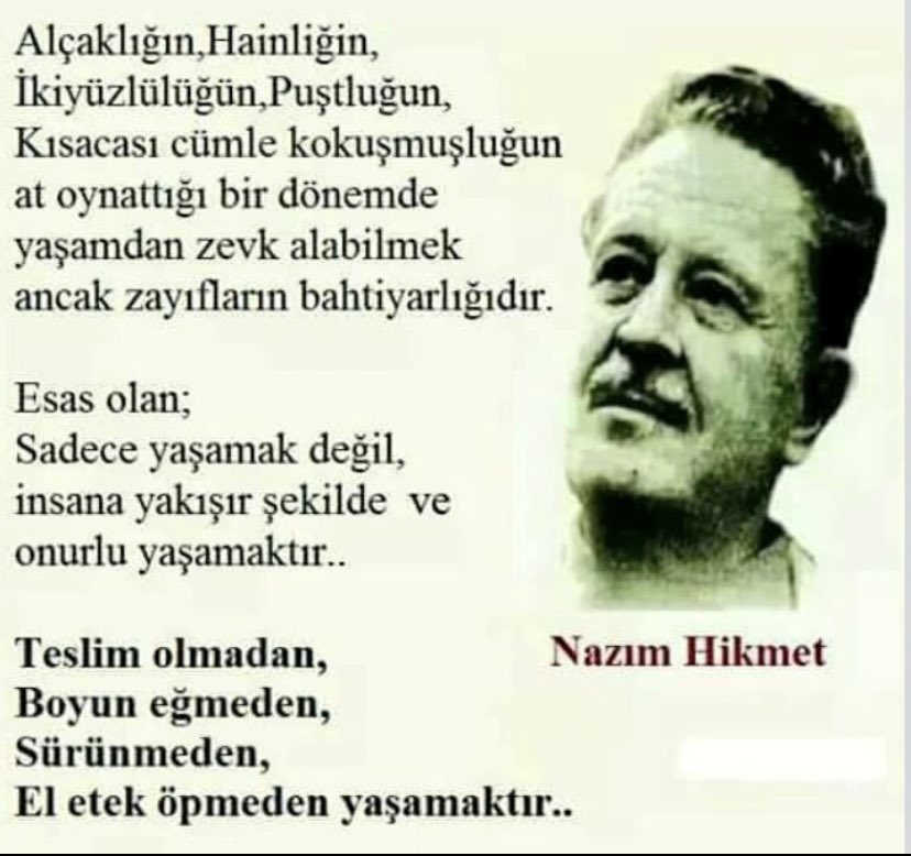 Sen yanmazsan, Ben yanmazsam, Biz yanmazsak Nasıl çıkar Karanlıklar Aydınlığa? NazımHikmet GÜN AKŞAMDA🌆 Esas olan; “İNSANLIĞA YAKIŞIR ŞEKİLDE VE ONURLU YAŞAMAKTIR.” #HemenErkenSeçim #çöküş #İtibarYerlerde EMEKLİ GEÇİM HALK ANAYASA CHP