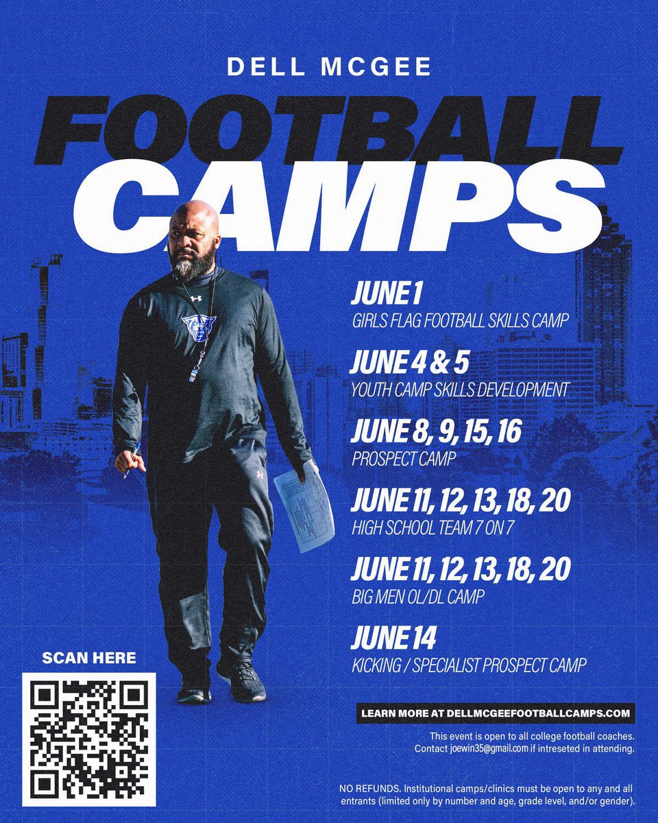 Dell McGee Football Camps 🏈

Register here: bit.ly/44grAPf

#LightItBlue | #NewAtlanta