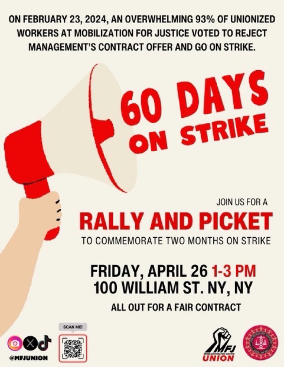 MFJUnion's tweet photo. 🚨FRIDAY APRIL 26 1-3pm: big rally and picket outside MFJ’s Manhattan offices at 100 William St. commemorating 60 DAYS ON STRIKE. Featuring  @RudeMechanicalO and other special guests. Join us! https://t.co/KwnZMwM6LW