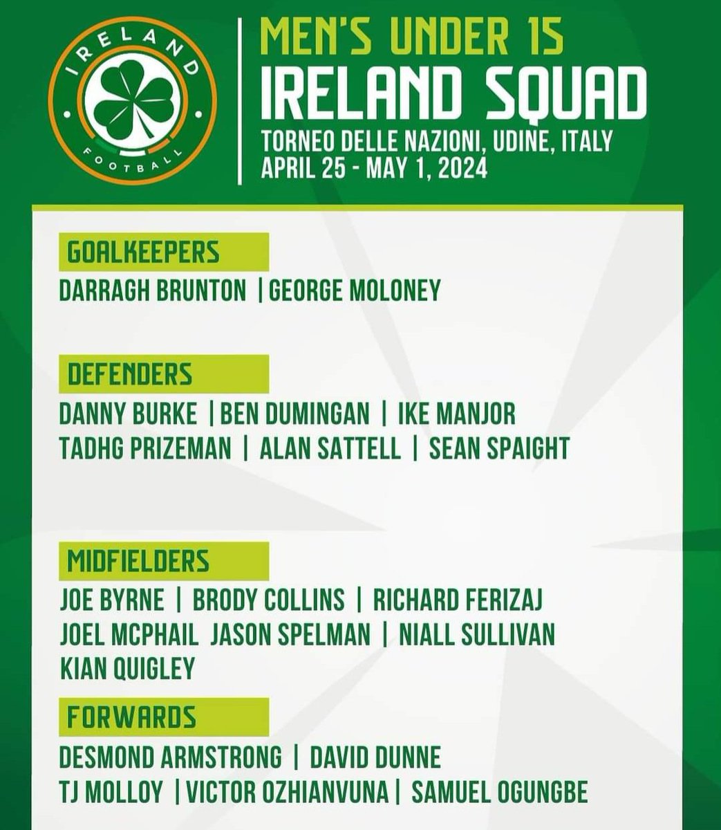 Good luck to our own Ben Dumigan and his @FAIreland U15 teammates in their tournament in Italy beginning tomorrow. #MidletonCBSSoccer