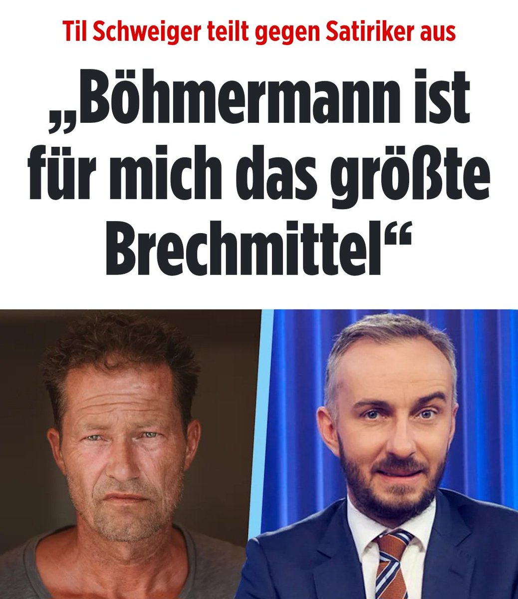 Til #Schweiger äußert sich ungewöhnlich deutlich über Jan #Böhmermann: 'Böhmermann ist für mich das größte Brechmittel in der deutschen Medienlandschaft', sagte er in einem Interview. Womit er vermutlich vielen Menschen aus der Seele spricht! 😃😁 m.bild.de/unterhaltung/s…