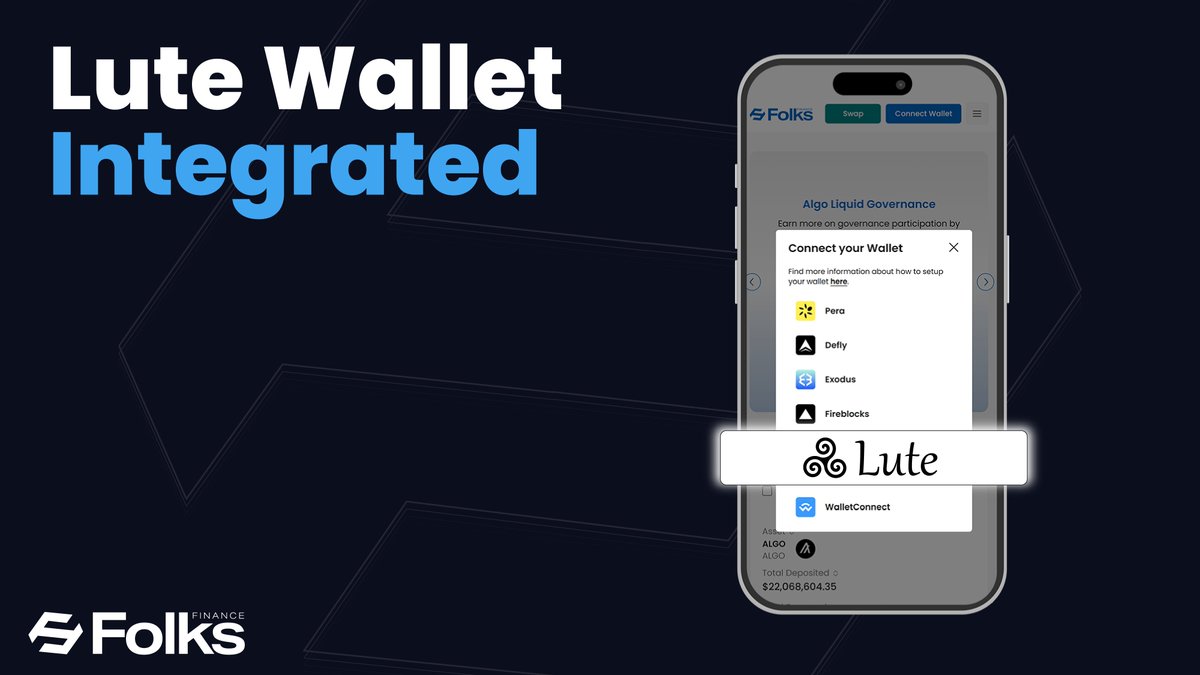 You can now use @LuteWallet on Folks Finance! Lute is a new @Algorand web  wallet designed for ledger compatibility, created by users for users. 🖥️  Wallet features include: 🔹 Rekeyed accounts 🔹