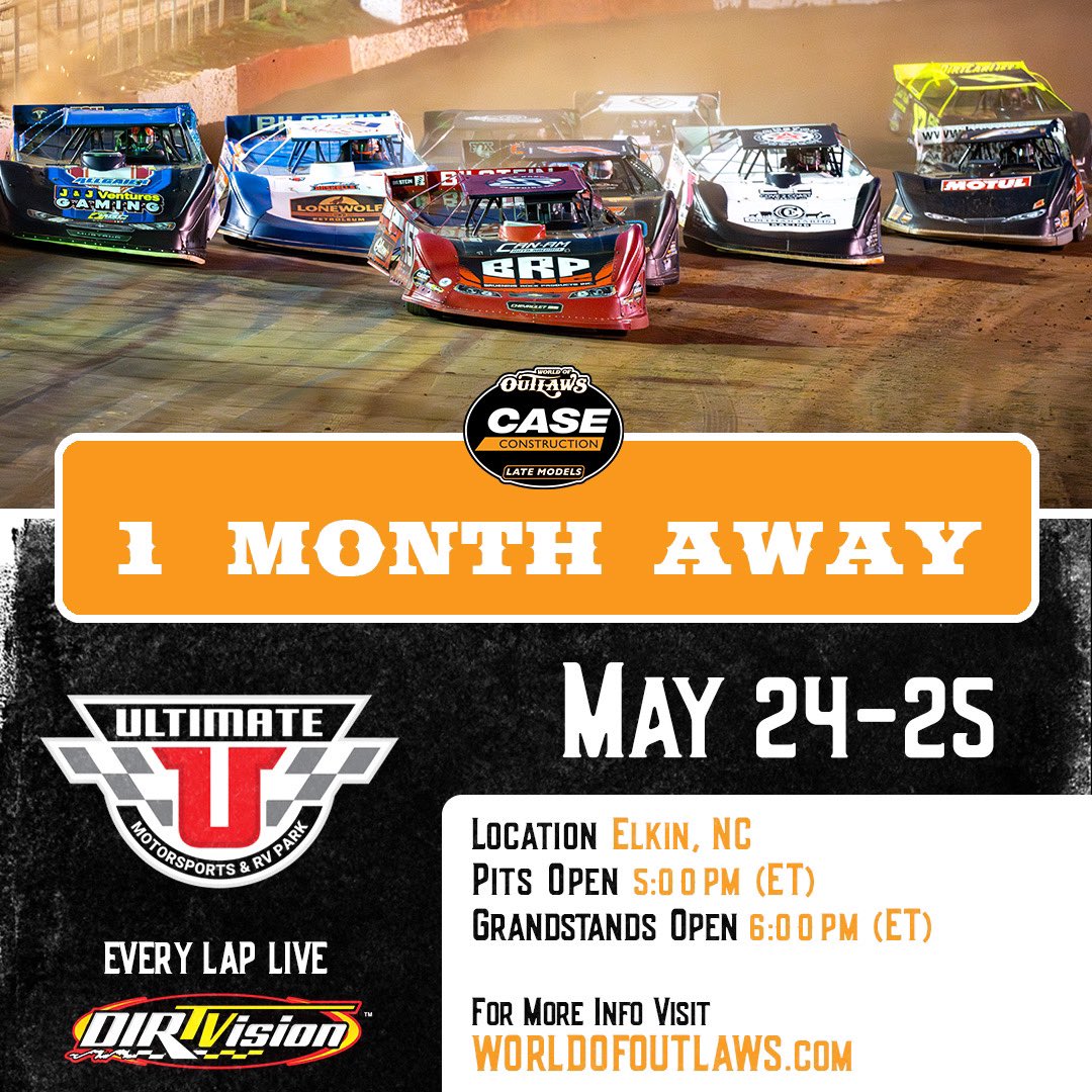𝐎𝐍𝐄 𝐌𝐎𝐍𝐓𝐇 𝐀𝐋𝐄𝐑𝐓 🗓️ The World of Outlaws @CaseCE Late Models take part in the Memorial Day Weekend festivities in North Carolina with the reappearance of @ULTIMATEandRV, May 24-25! 🎟️ bit.ly/WoOLMTix ℹ️ worldofoutlaws.com/schedule/event…