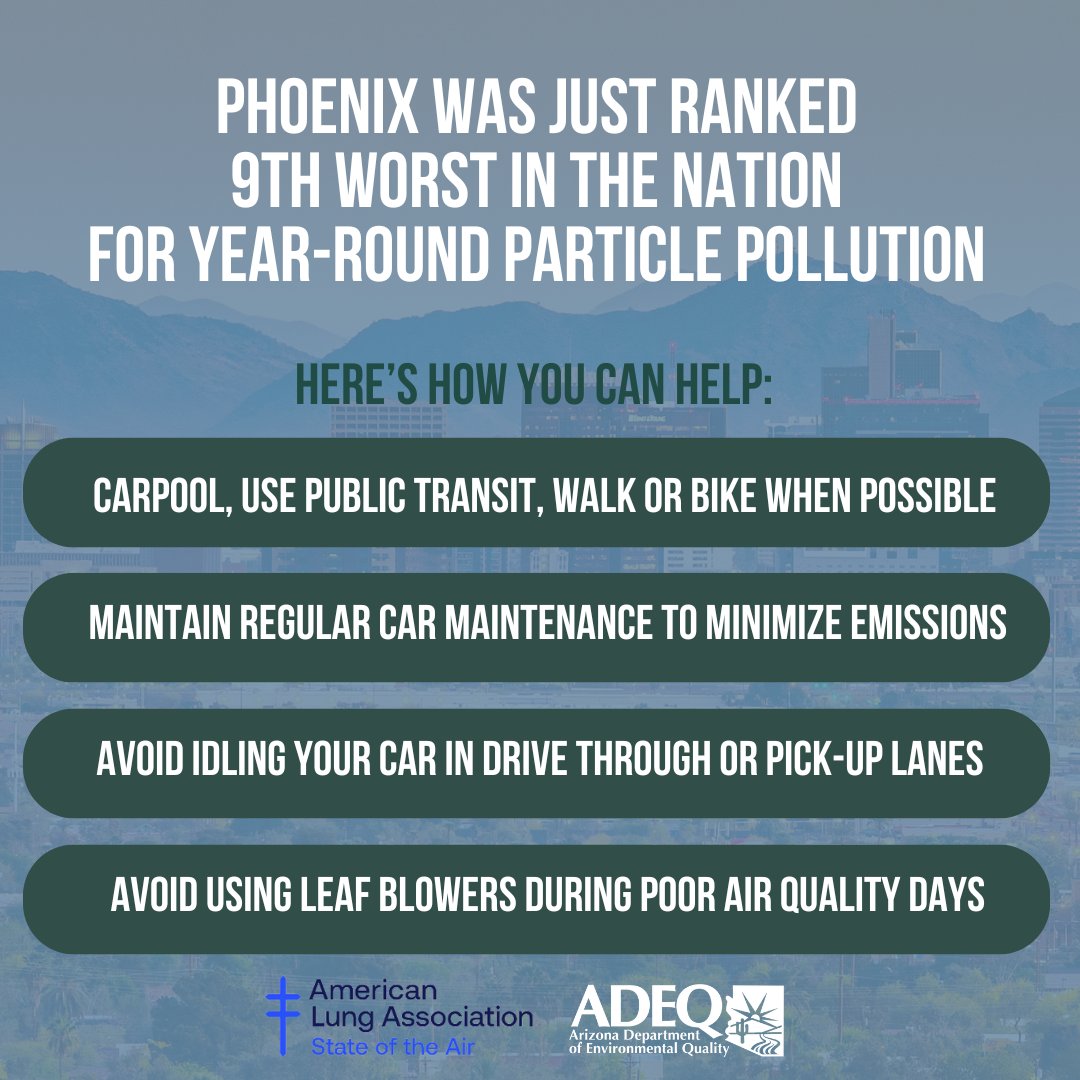 #NEW - American @LungAssociation releases 2024 #StateoftheAir Report 🌍  

While the latest findings in #AZ's #airquality raise concerns, they also highlight the positive impact communities could have on the air we all breathe.  (1/4)

 Read the news ➡️ azdeq.gov/pr/sota2024