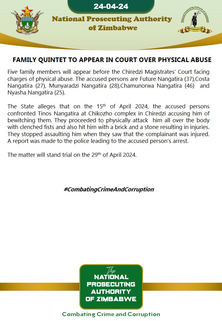 Family quintet to appear in court over physical abuse 
#CombatingCrimeAndCorruption