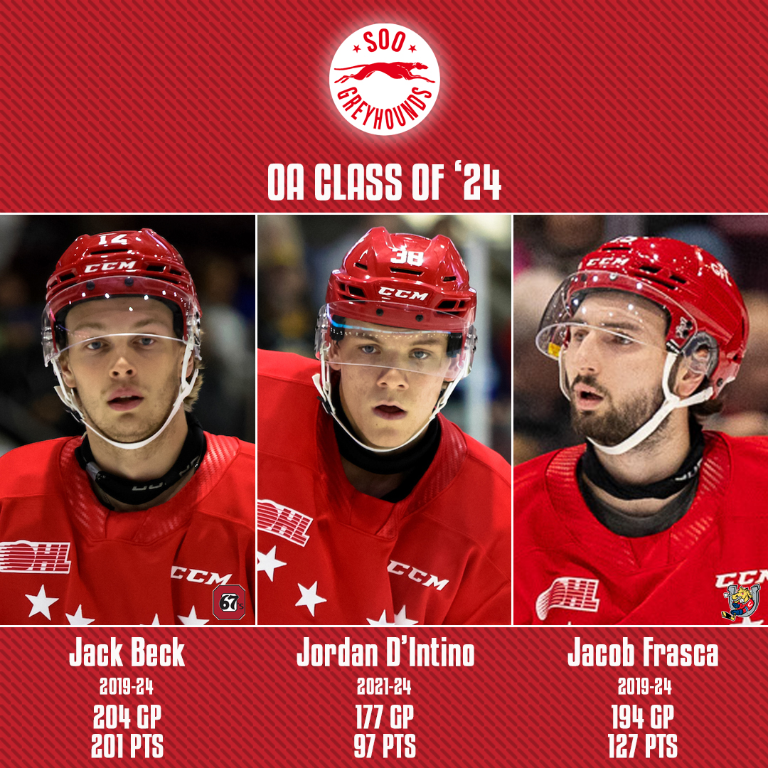 A dependable forward trio of overagers for <a href="/OHLHoundPower/">X - Soo Greyhounds</a> 🔴⚪️

Welcoming Jack Beck, Jordan D'Intino and Jacob Frasca to the #OHLAlumni 🎓