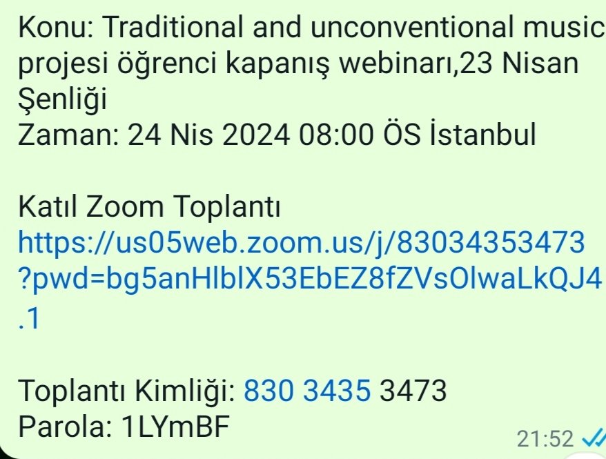 Traditional and unconventional music eTwinning projemizin öğrenci kapanış webinarı 23 Nisan şenliğine tüm öğrenciler davetlidir.