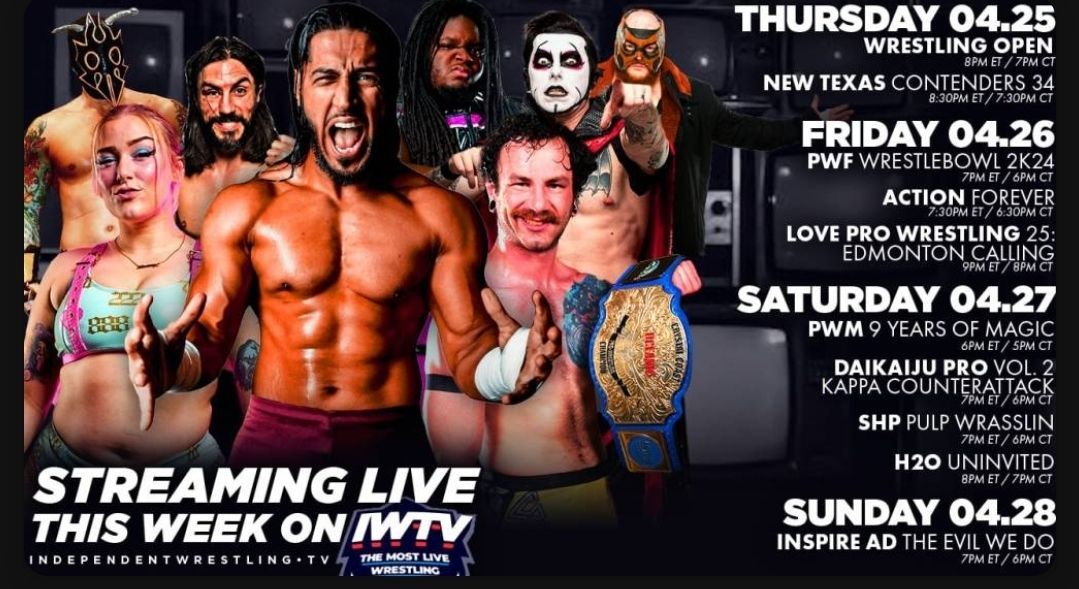 This week LIVE on @indiewrestling Thurs @WrestlingOpen @NewTexasPW Fri @PWFLive @WrestleACTION1 @LoveWrestlingCA Sat @WrestlingMagic @DaiKaijuPro @S_H_P_Wrestling @H2oWrestling Sun @InspireADWres IWTV.live