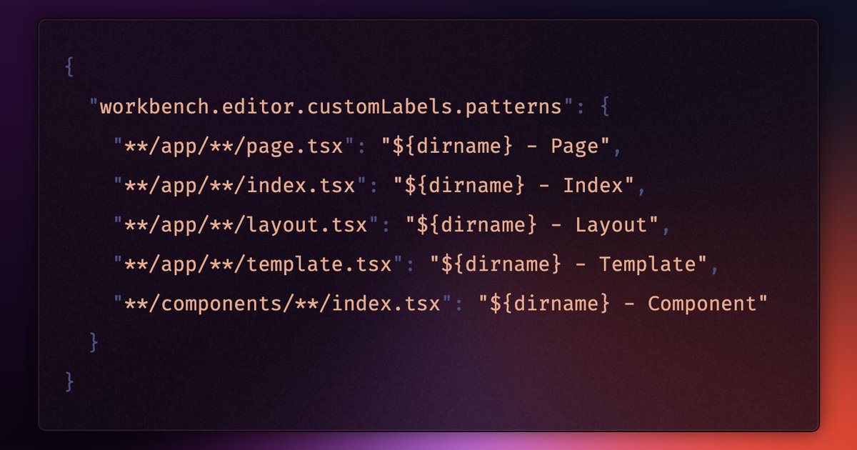 gregberge_'s tweet image. The most recent update of VSCode now includes support for custom editor labels. This feature is especially useful for Next.js projects! I shared the configuration to improve pages display.