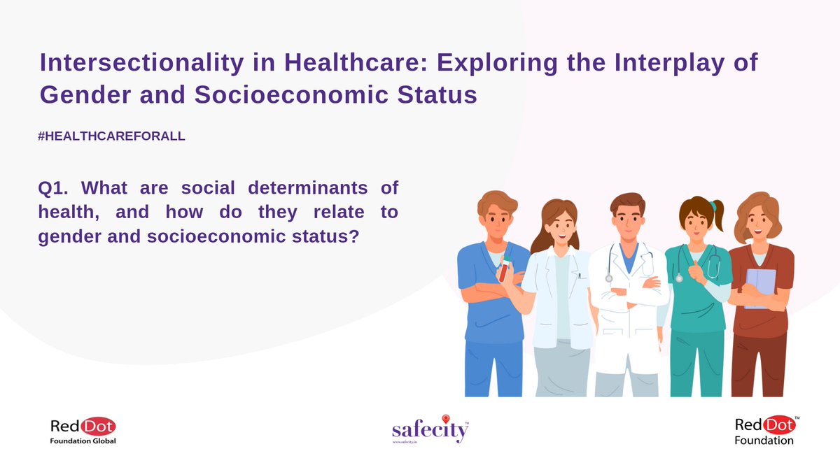Let’s begin with the first question
1. What are social determinants of health, & how do they relate to gender & socioeconomic status?
- Tweet your answers with the question number (e.g. A1, A2, A3) 
- Use the hashtag #HealthCareforAll
#Safecity #RedDotFoundation
@AbhijitDhillon1