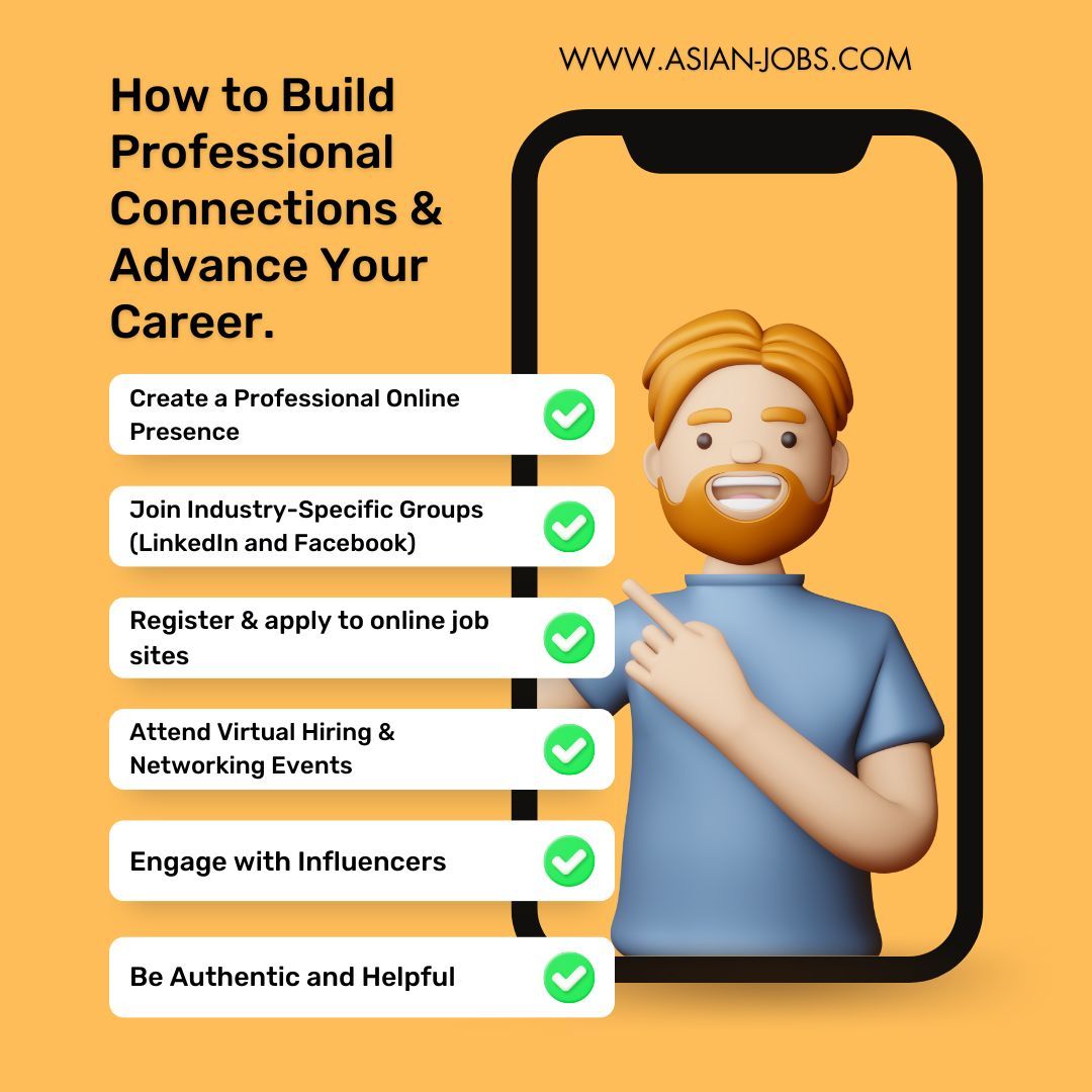 Here are some tips on how to build professional connections and advance your career through online networking. 😉

#networking #connection #professionalconnections #opportunities #work #employmentopportunities #jobsearch #career #careeradvice #jobsboard #onlinejobs #Asianjobs