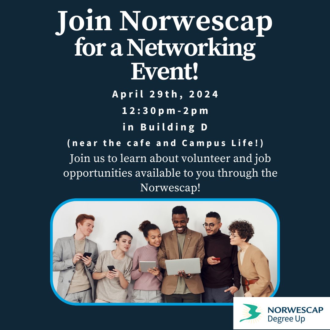 Degree Up will be presenting a Networking Event with Norwescap staff on 4/29 at 12:30 pm in the Student Center Galleria. You will learn about volunteer & job opportunities with an amazing nonprofit organization. Contact degreeup@sussex.edu with any questions.