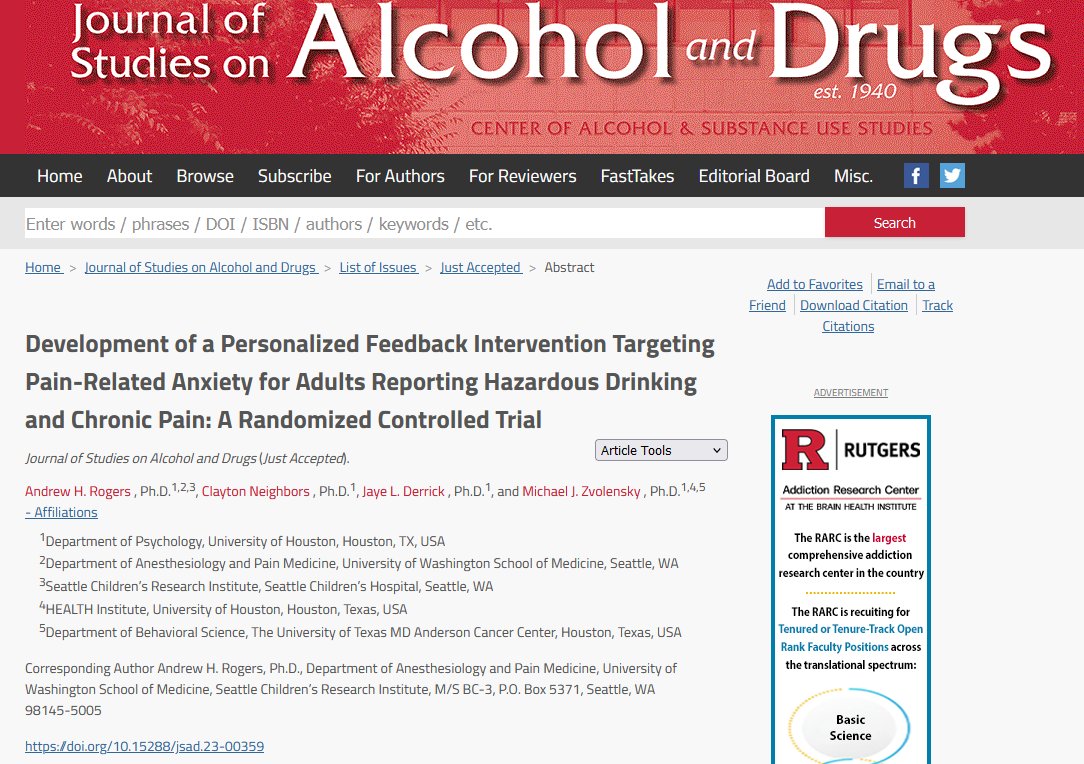 Development of a Personalized Feedback Intervention Targeting Pain-Related Anxiety for Adults Reporting Hazardous Drinking & Chronic Pain: A Randomized Controlled Trial (just accepted @JSADjournal) @AndrewHRogers1 @uhclass @UH_Research @HEALTHuh @UH_News jsad.com/doi/abs/10.152…