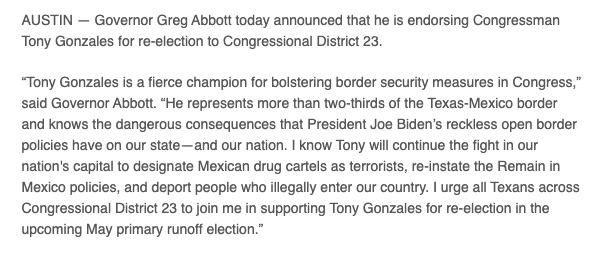 New: @GregAbbott_TX endorses @TonyGonzales4TX in the #TX23 GOP runoff vs @TheAKGuy