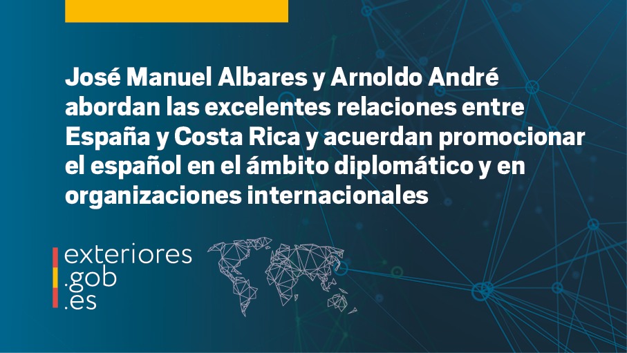 El ministro @jmalbares ha mantenido hoy un encuentro con su homólogo de Costa Rica, Arnoldo André. Durante el encuentro se ha firmado un Memorando de Entendimiento sobre la promoción internacional de la lengua española en el ámbito diplomático. 🔗exteriores.gob.es/es/Comunicacio…