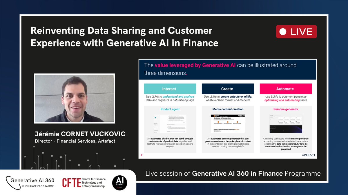 In our recent session on 'Reinventing Data Sharing and Customer Experience with Generative AI in Finance,' Jérémie CORNET VUCKOVIC, Director - Financial Services at Artefact, shared the real-world use cases of GenAI in finance. Enrol now: courses.cfte.education/generative-ai-…