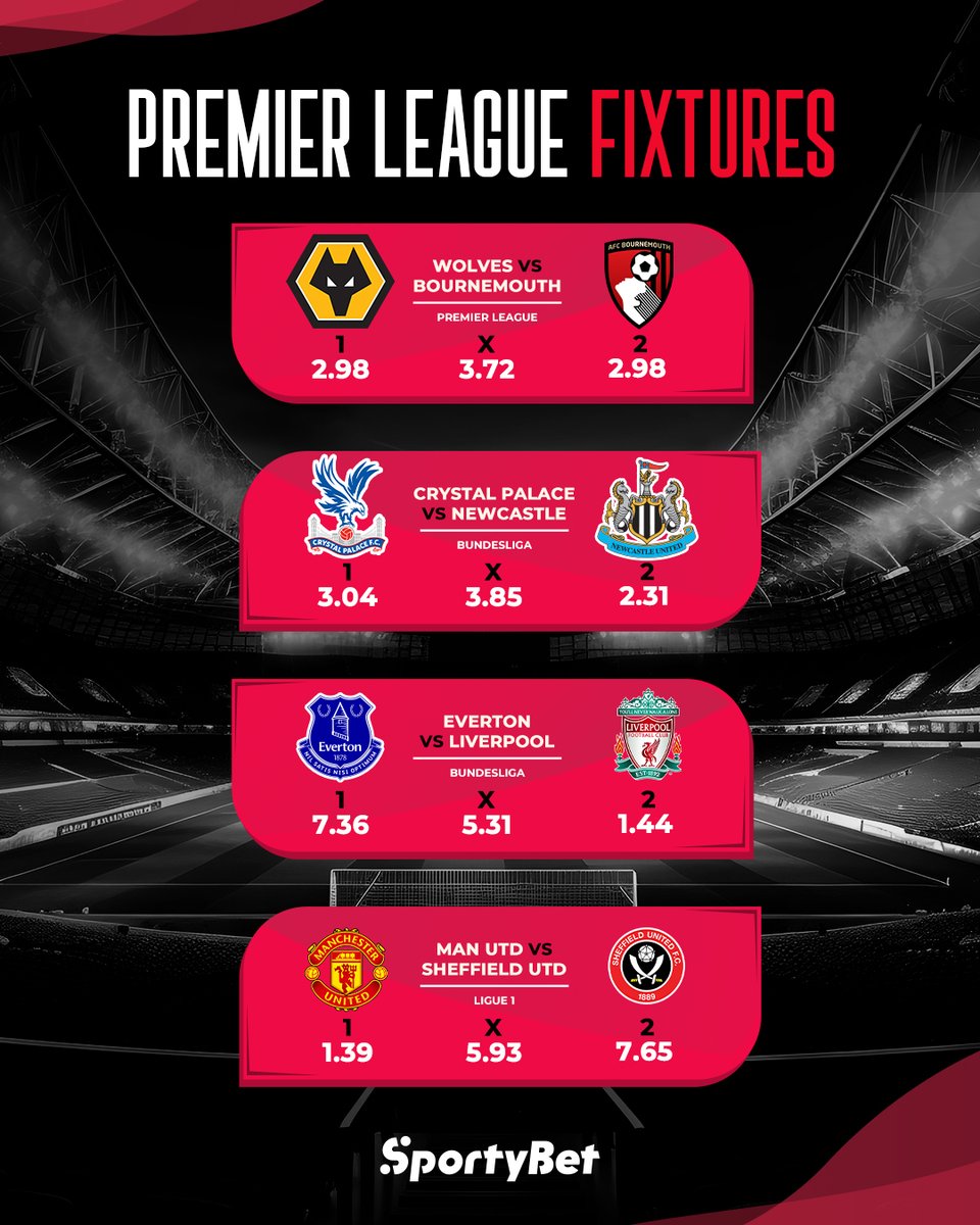 Midweek action in the Premier League tonight! ⚽ Make your predictions now on SportyBet! 👇 sporty.bet/PremierLeague #MUNSHU #CRYNEW #WOLBOU #EVELIV