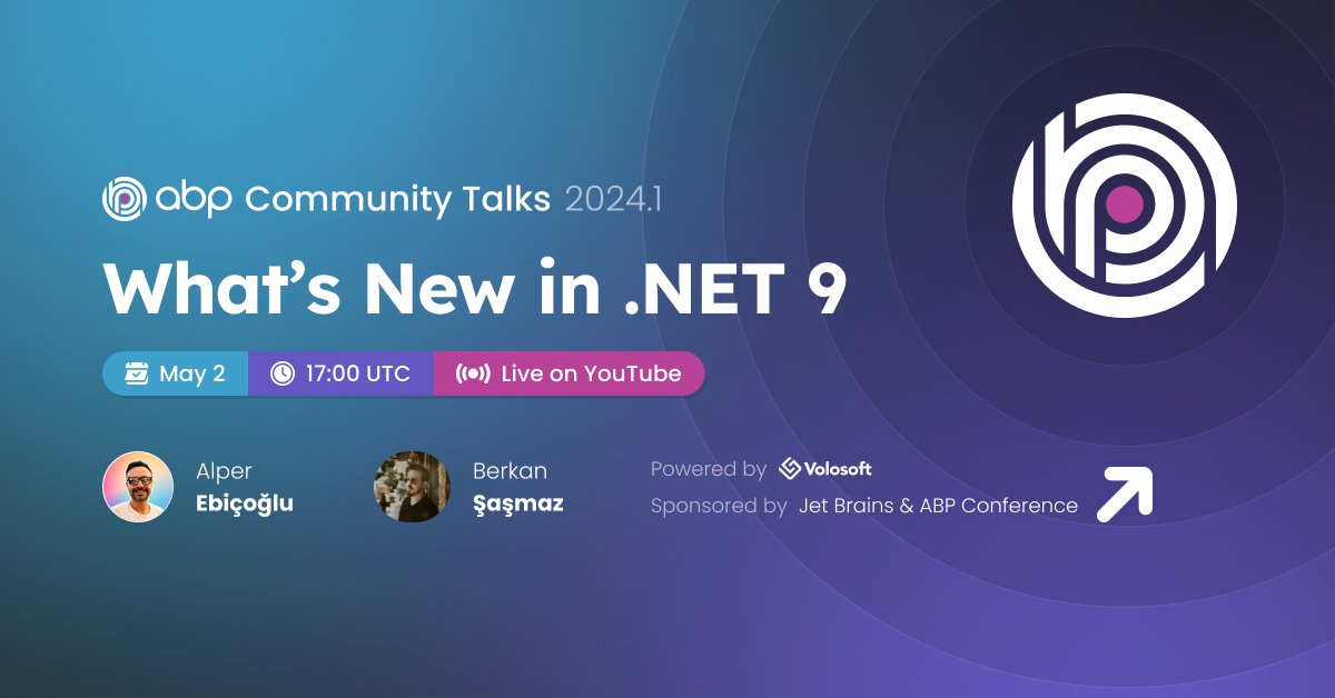 📆 Did you register to the next episode of #ABPCommunityTalks? It will be about 'What's New in .NET 9' 🎁 Don't forget about the 20 ABP Dotnet Conf'24 tickets giveaway! Register from 👉 kommunity.com/volosoft/event… #dotnet #dotnet9 #abpconf24