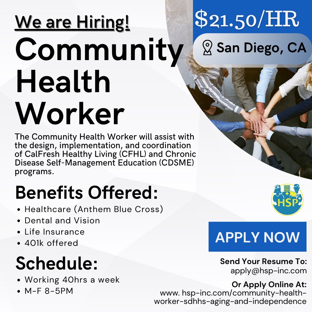 Join our team and make a real impact in your community! 🌟 HSP is seeking a dedicated Community Health Worker in San Diego, CA. This position is offering $21.50/HR plus benefits. Send your application to apply@hsp-inc.com. #CommunityHealth #NowHiring