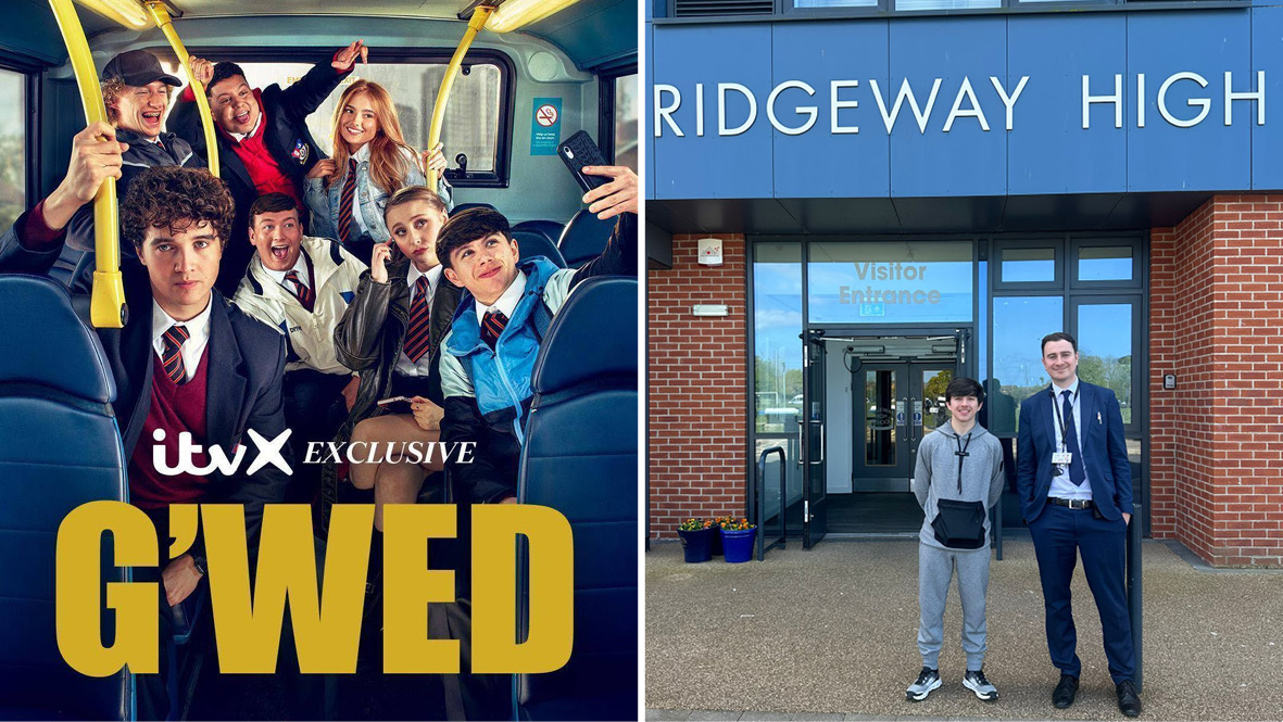 Ex-student Dylan Smith, who is the lead character in the ITV comedy G'wed, was in school today to run a workshop with year 10 and 11 performing arts students and a drama taster session for students in year 9. Here's Dylan, pictured with his old head of house, Mr Tyler!