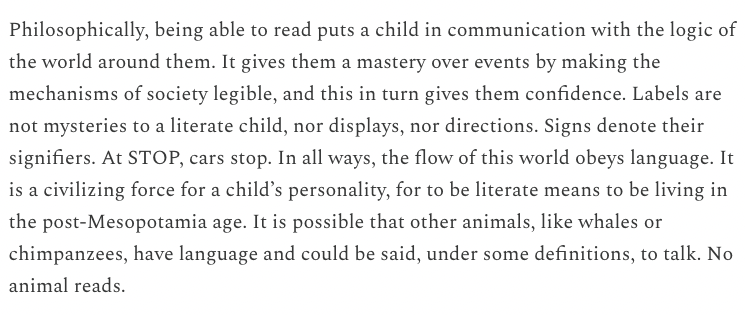 5. But ultimately, the real reason to do it is simply quality of life. In learning to read, a child learns to learn. They understand the teacher-student role better. They can read instead of watch TV. And literacy has a noticeable effect on their psychology too: