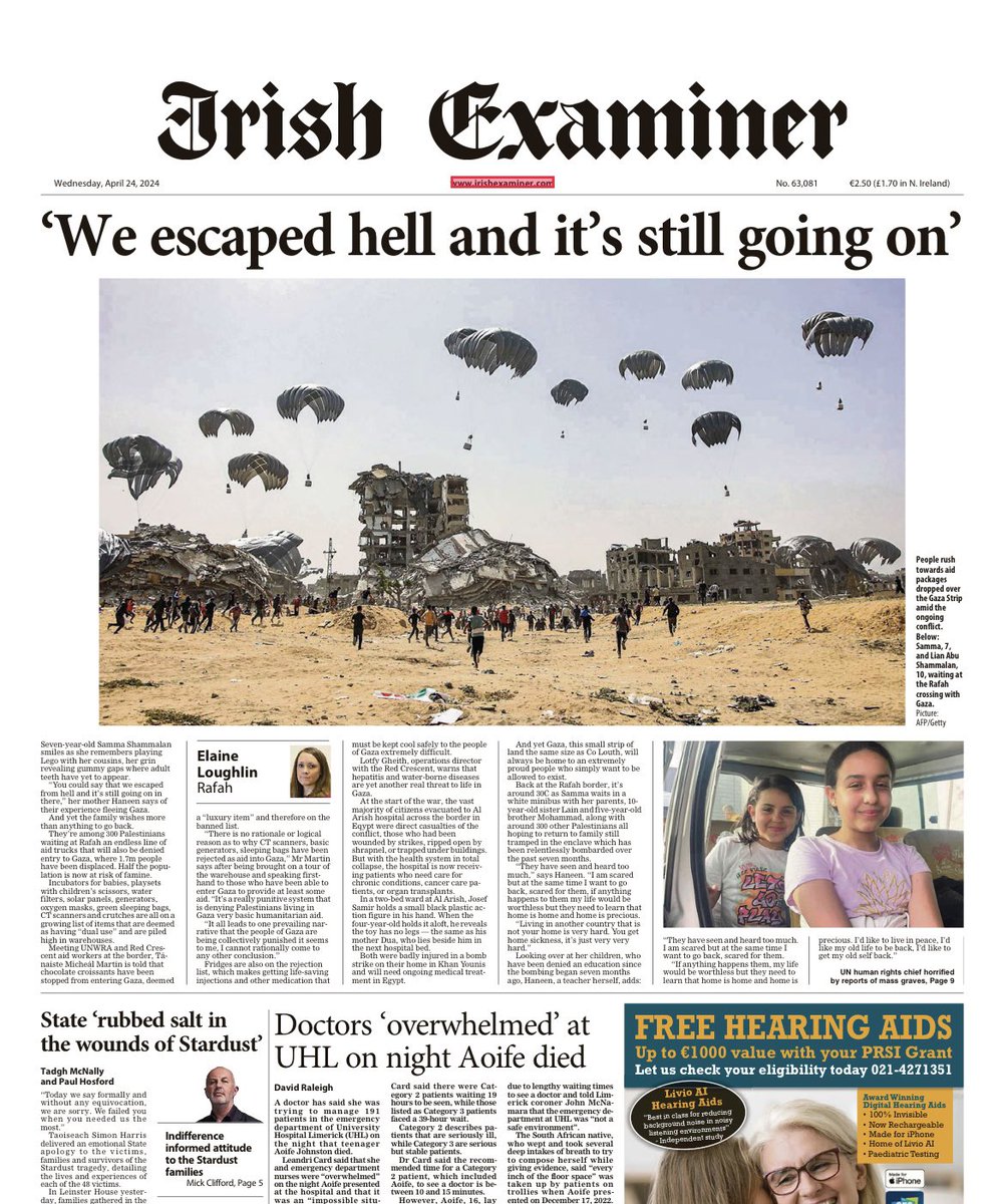 The front page of today’s @irishexaminer On the Rafah border Samma, 7, and her sister Lain, 10, told me they wish to go home to Gaza to play Lego with their cousins.