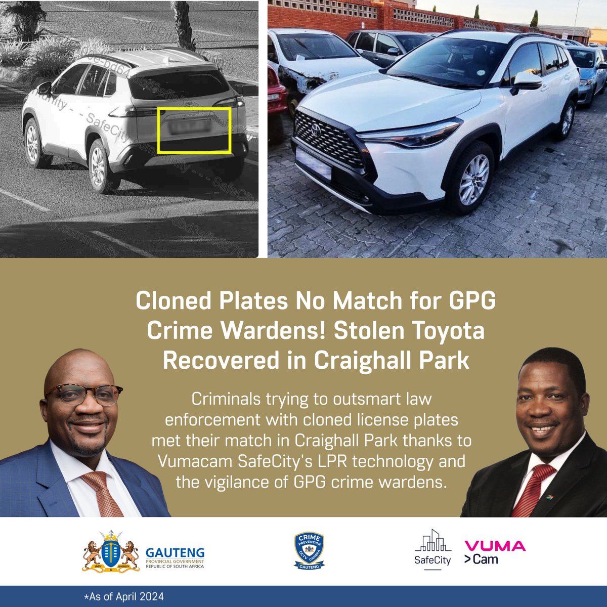 The mission to keep Gauteng safe from criminals is ongoing! Thanks to @Vumacam's #SafeCity LPR technology and GPG crime wardens, we recovered a stolen white Toyota Cross Park in Craighall Park. The suspects had replaced the cloned registration with the original, but thorough…