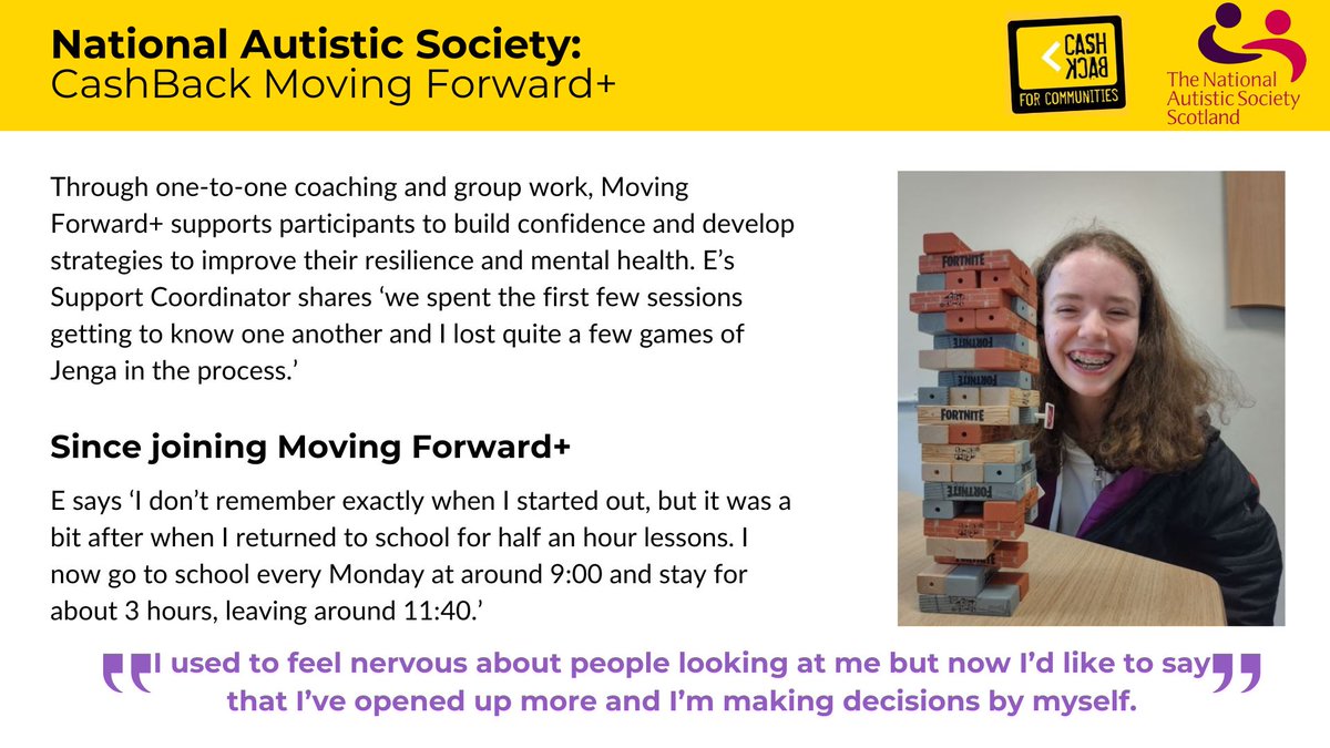 'I am always finding new goals to work towards' Following on from #AutismAcceptanceWeek earlier this month, here’s a look at the impact @AutismScotland’s Moving Forward+ with CashBack project has had for one young person. Read the full story⬇️ bit.ly/4aL3SNu