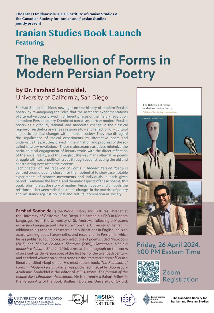 Join author Farshad Sonboldel for an online book talk on the history of modern Persian poetry. 📆 Friday, April 26th, 1PM EST 💻 Register here: bit.ly/3w6vrSi 📘 bit.ly/4d7mlFz