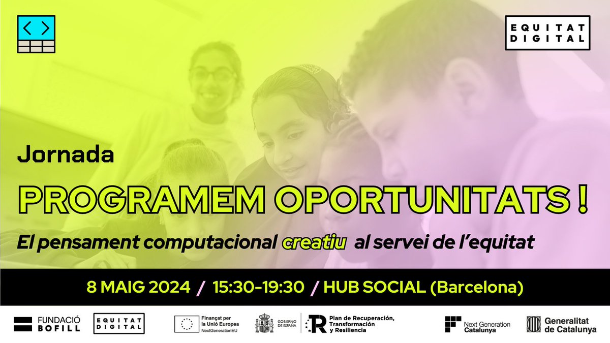 Per què aprendre a programar ha d’estar a l’abast de tots els infants i joves? En parlarem a la Jornada #ProgramemOportunitats amb <a href="/franksabate/">Frank Sabaté</a>
i Jean J. Ryoo de @uclacenterx 
🗓️ 8/05 de 15:30 a 19:30
📍 <a href="/hubsocialbcn/">Hub Social Barcelona. (Girona 34, interior. Bcn)</a> de <a href="/FundacioBofill/">Fundació Bofill</a>
✍️Inscriu-t’hi : fundaciobofill.cat/actes/jornada-…