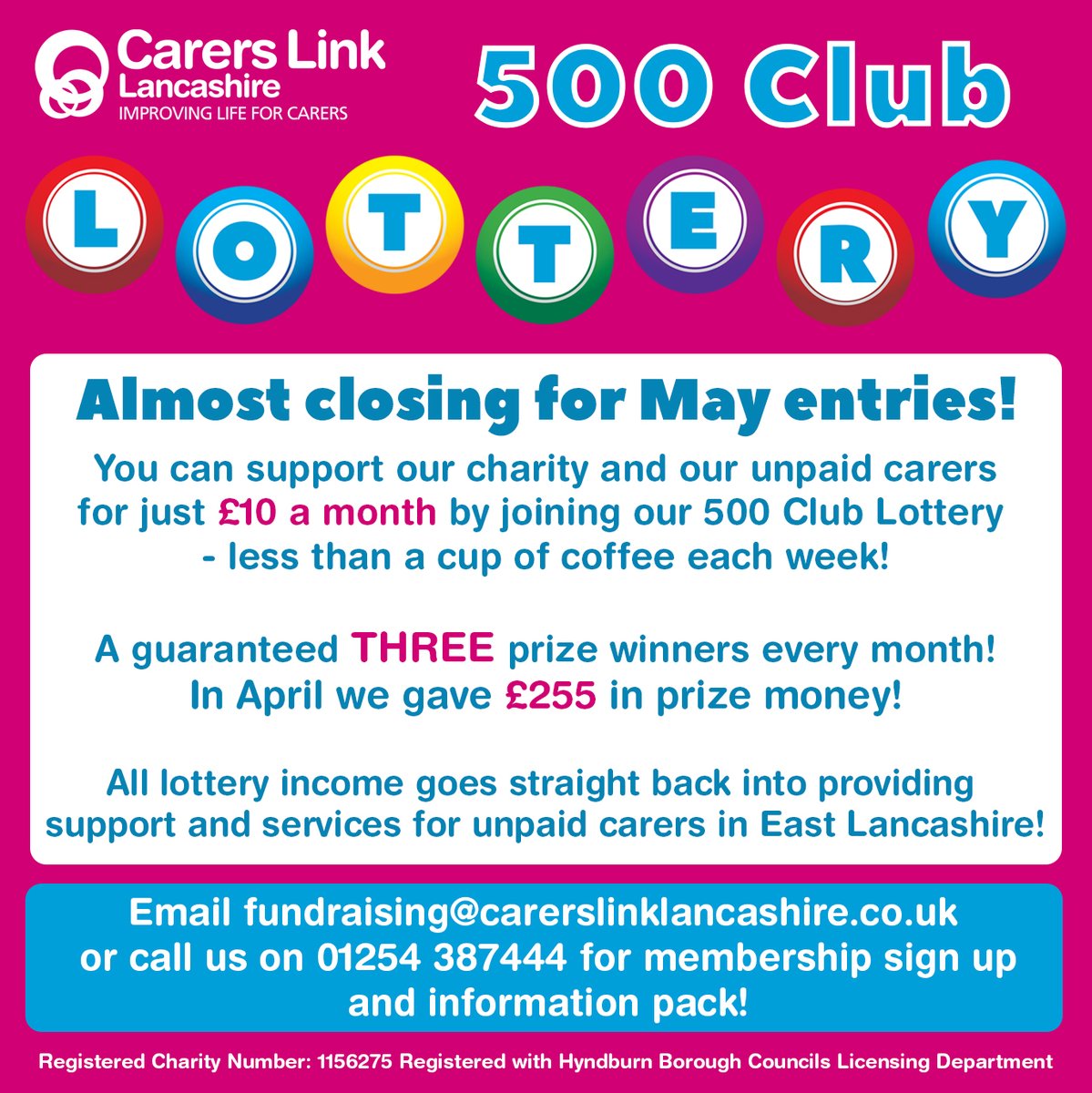 The closing date for new entries in time for our May draw is looming! If you haven't already registered for our monthly lottery, email fundraising@carerslinklancashire.co.uk or call 01254 387444 by Monday 29th April for your chance to win one of THREE CASH PRIZES every month.