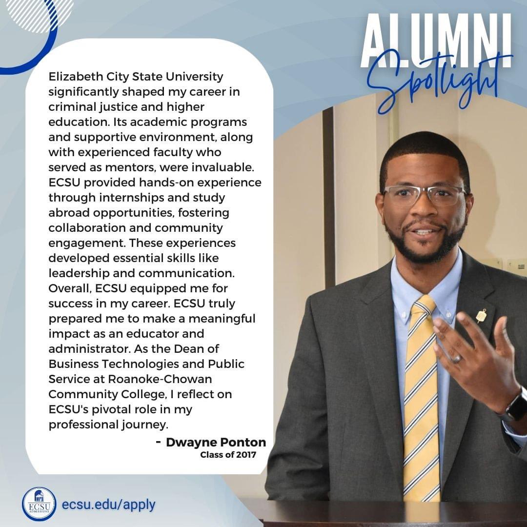 ECSUAdmissions's tweet photo. Meet Dwayne Ponton, a shining example of our institution's legacy! 🌟 Don't miss out on your chance to follow in his footsteps – apply now and become a part of our vibrant community! https://t.co/kRjkaFkw25 https://t.co/LwZitOfMoU