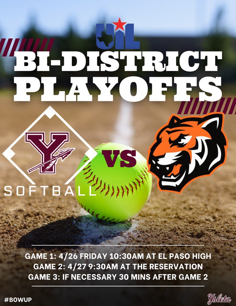 UPDATE ‼️Friday’s game time has been changed to 10:30 AM Bi-District series will take place this weekend for El Paso High and our Lady Indians💪🏼 Come out and support 📣 Wear maroon 🥎🏹🫶🏼