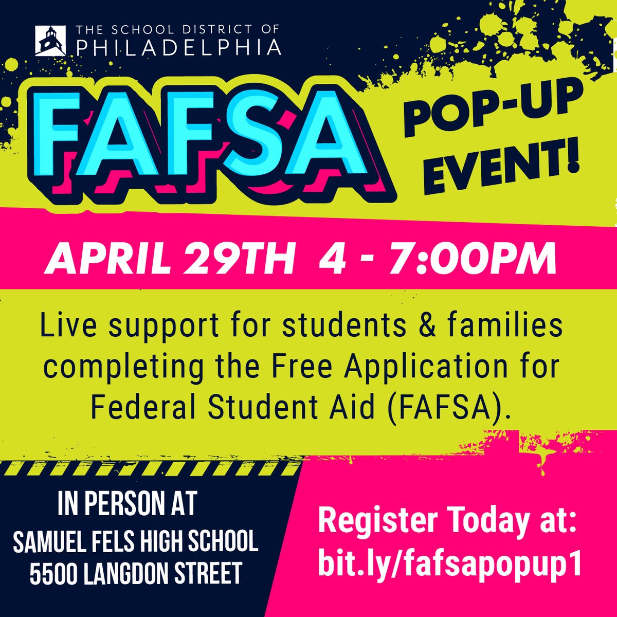 Join us on April 29th from 4-7:00PM at Samuels Fels High School for another FAFSA POP-UP Event to receive live support for students & families completing the Free Application for Federal Student Aid (FAFSA). Register here: bit.ly/fafsapopup1. #PHLED