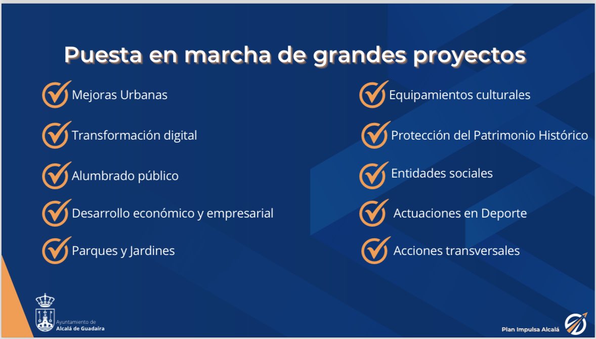 Disponemos de un remanente positivo de tesorería de 12,7 Mill/€ que nos va a permitir acometer hasta 15 proyectos importantes mejoras para nuestra ciudad.
'Impulsa Alcalá' es el resultado de un trabajo,donde se han tenido y elaborado con rigor por los técnicos municipales.
