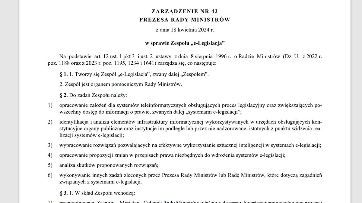 Na mój wniosek premier @donaldtusk powołał Zespół e-Legislacja. W ramach Zespołu chcemy wypracować koncepcję spójnego systemu informatycznego obsługującego przygotowywanie projektów aktów prawnych, proces legislacyjny oraz informowanie o prawie (w tym publikację dzienników…