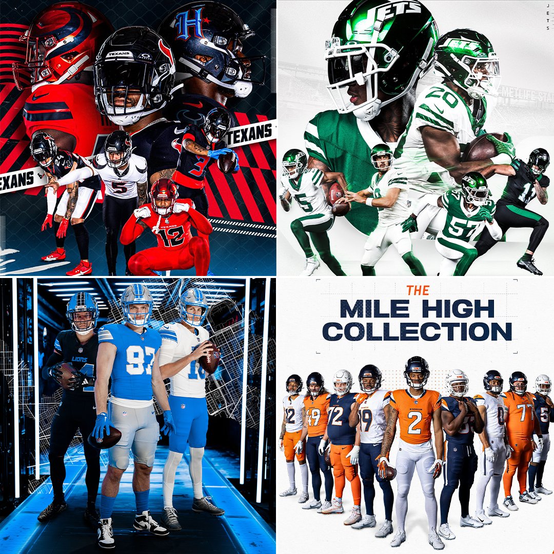 NFL's tweet photo. Which team has the best new uniforms? 👀

(via @HoustonTexans, @nyjets, @Lions, @Broncos) https://t.co/9vqB7shj8Z