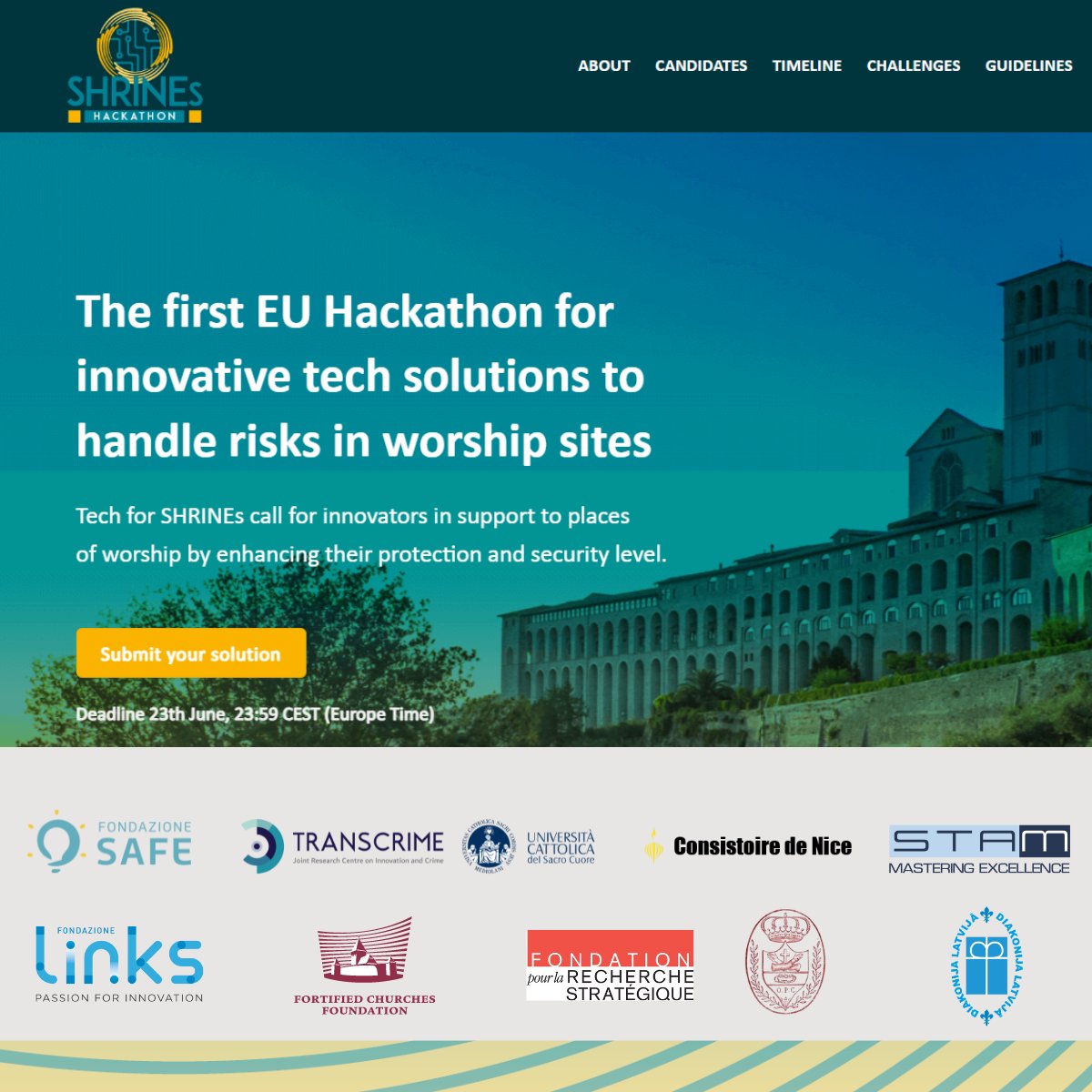 We are pleased to announce the launch of the "Tech for SHRINEs" Hackathon call for applicants. We invite innovators with tech solutions to apply to showcase their projects at our Hackathon in Assisi, Italy. 
The call is open until June 23rd. lnkd.in/dbDi4YiF