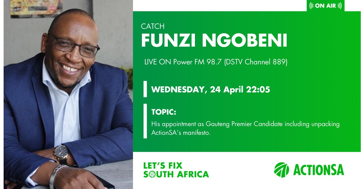 Catch Gauteng Premier Candidate @Funzi_Ngobeni live on @Powefm987 this evening at 22:05.
