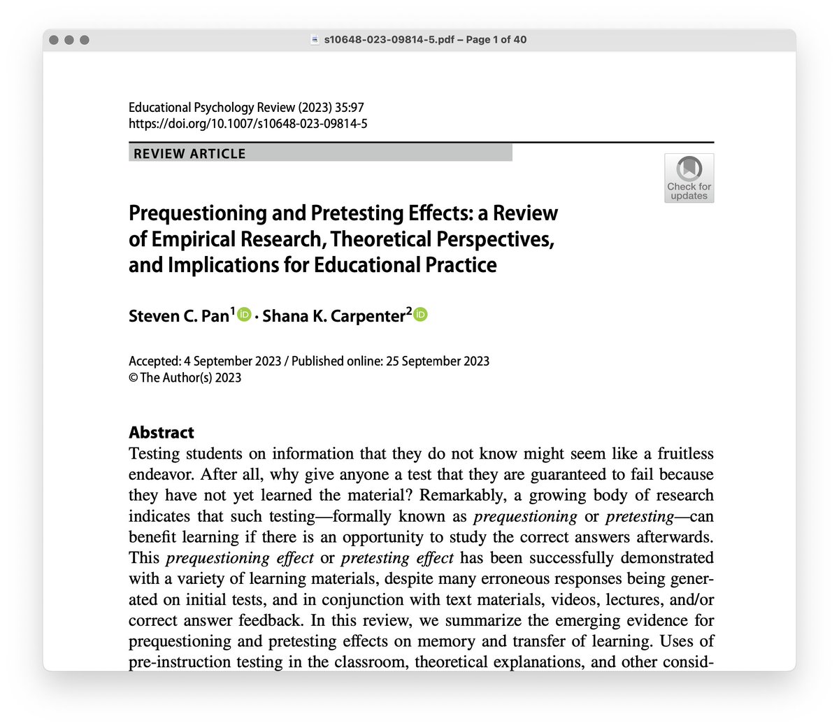 Can pre-questioning or pretesting be useful for learning? 🎓Short summary of a 2023 review by Pan & Carpenter ⤵️ What they did The researchers explored the literature on pre-testing, which basically means testing students on stuff before you teach it. What they found