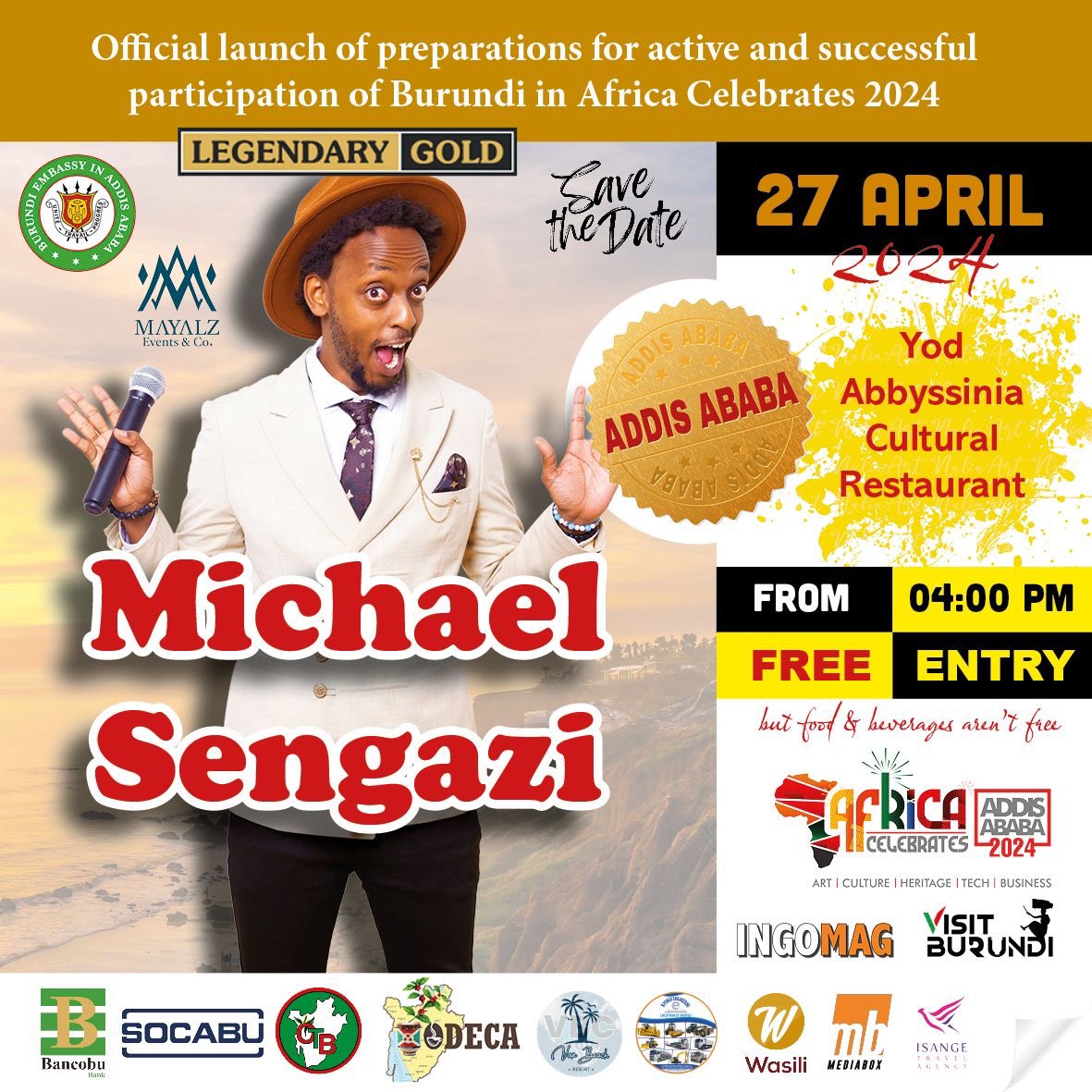 Everything has a starting point,and Burundi is kicking off its journey towards a successful participation in #Africacelebrates with a laughter-filled evening! Join us at the vibrant Yod Abyssinia Cultural Restaurant in Addis 🇪🇹on 27April 2024 from 4Pm for a special comedy show