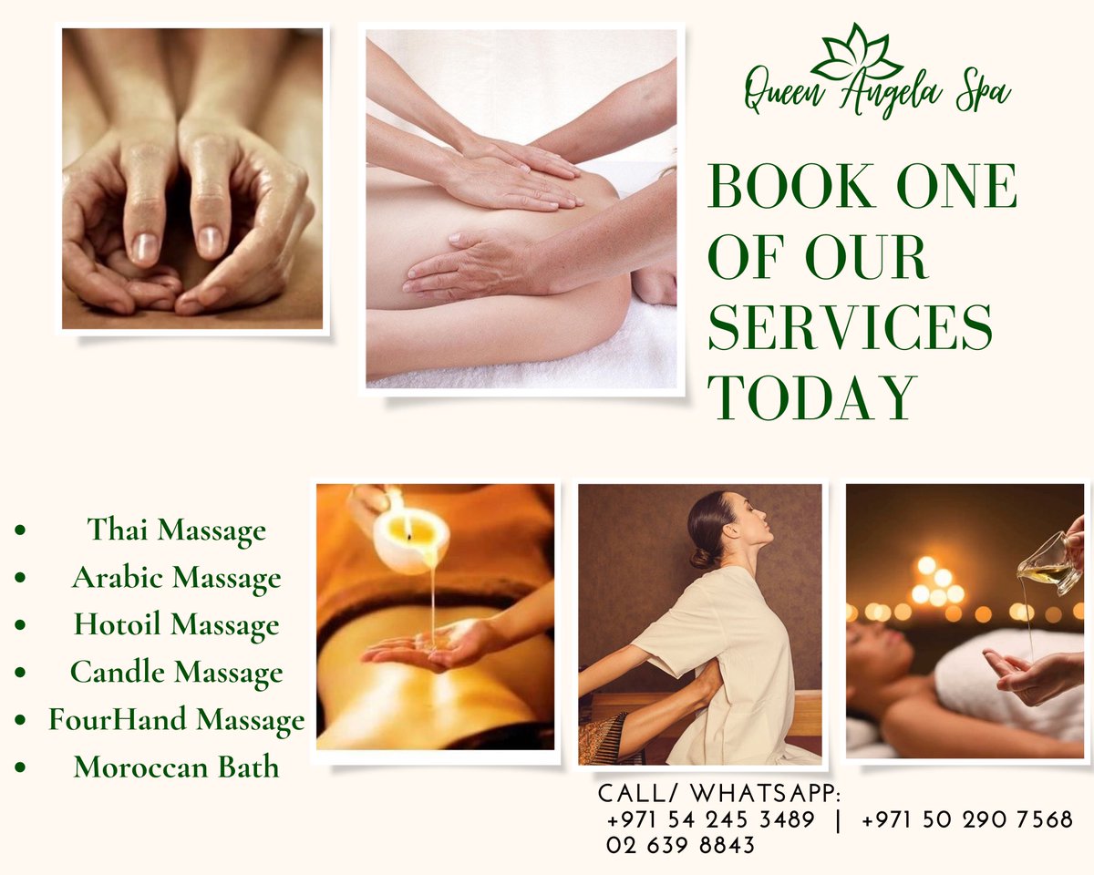 QueenAngelaSpa's tweet photo. 🌱 Queen Angela Spa 🌱

BOOK ONE OF OUR SERVICES TODAY!
📱WhatsApp: +971 54 245 3489 or +971 50 290 7568
☎️ 02 639 8843

📍Beside of Premier Inn Capital Centre, Abudhabi

#queenangela #spaabudhabi #abudhabimassage #massagetherapy #massageabudhabi #massagespa #massagenearme #uae https://t.co/bdzvLndBp2