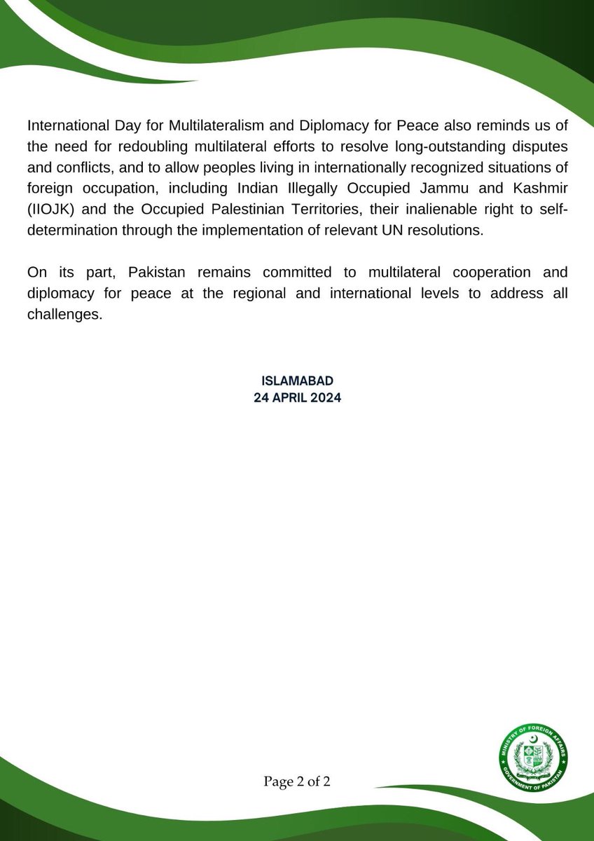 🔊: PR NO. 6️⃣7️⃣/2️⃣0️⃣2️⃣4️⃣ Foreign Minister’s Message on the occasion of International Day on Multilateralism and Diplomacy for Peace 🔗⬇️ mofa.gov.pk/press-releases…