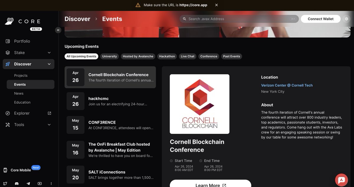Curious where you can catch @AVAX at during the upcoming months? Check out @coreapp Discover's Event page for a list of upcoming Conferences, Hackathons, and more! core.app/discover/events