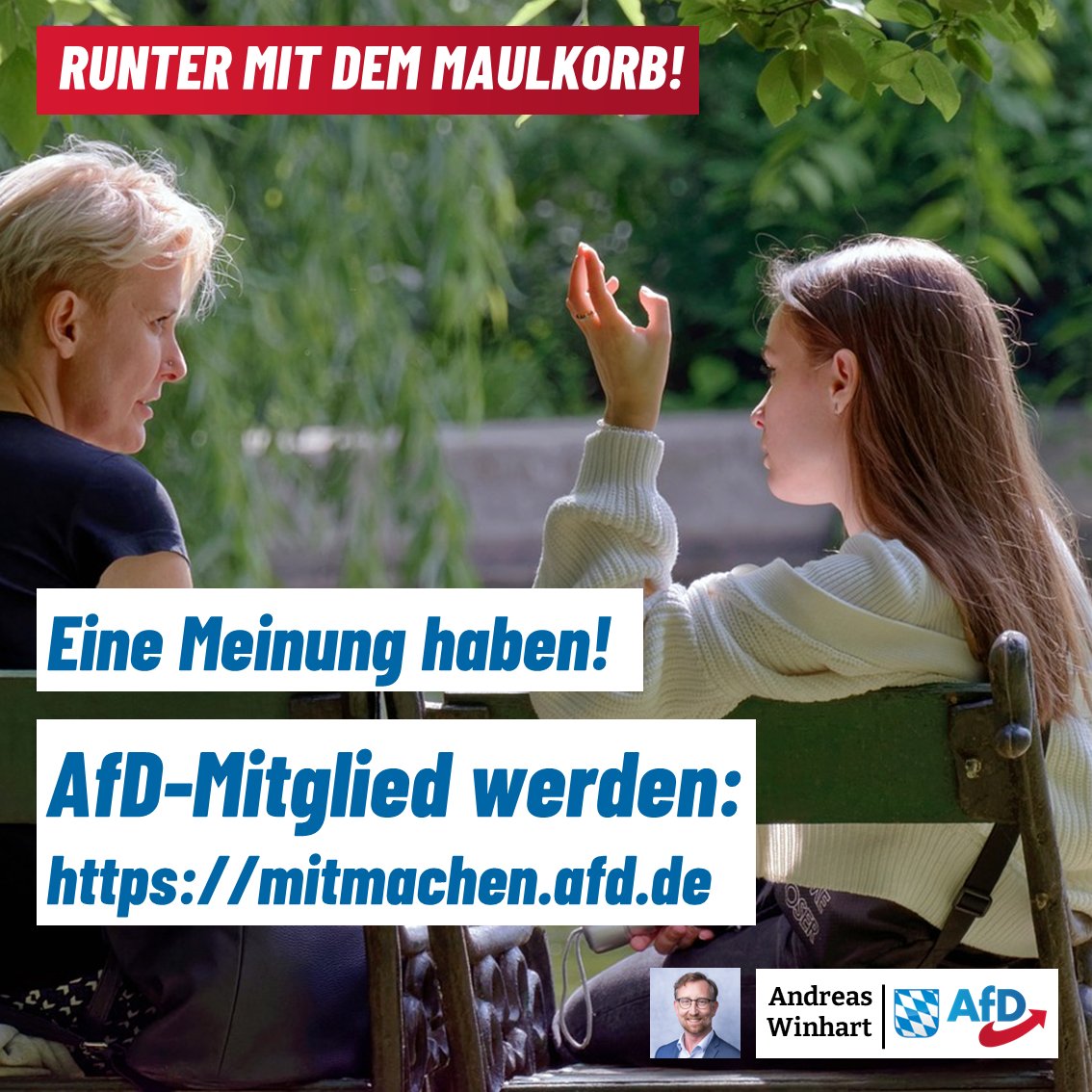 Habt ihr auch genug von der ständigen Bevormundung in #Ampel-Deutschland? Dann kommt zu uns! 
#AfD #Meinungsfreiheit 

Hier geht's zum Aufnahmeantrag:
⏬⏬
mitmachen.afd.de