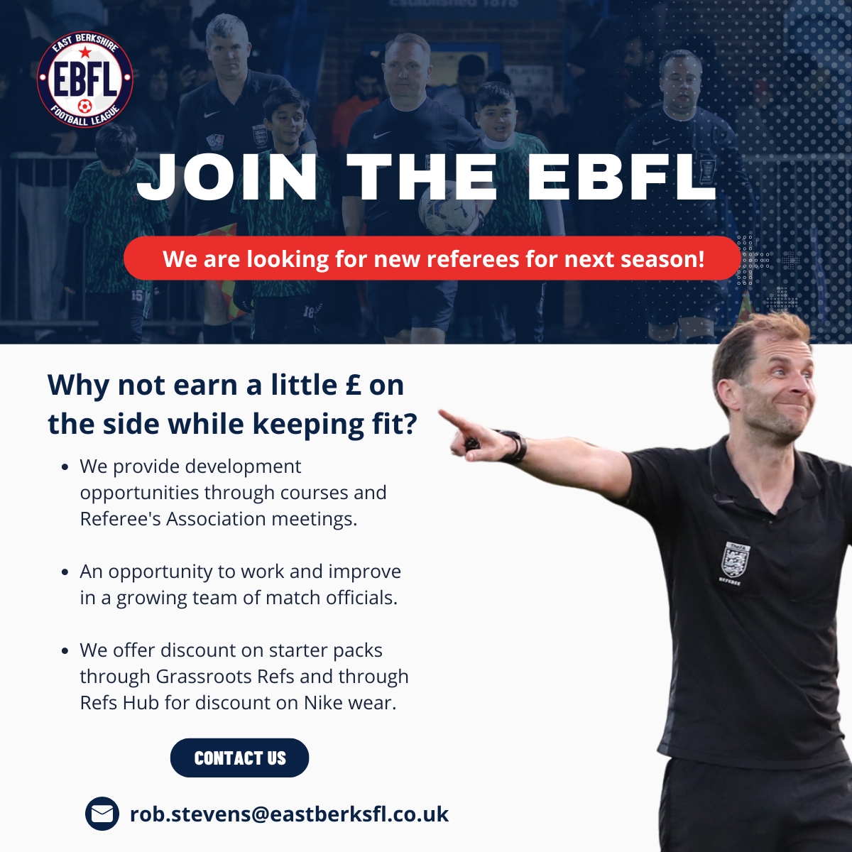 Have you considered becoming a referee before?

Looking to earn a little extra £ while keeping fit?

Get in touch today! 👇🏻
rob.stevens@eastberksfl.co.uk

#EBFL