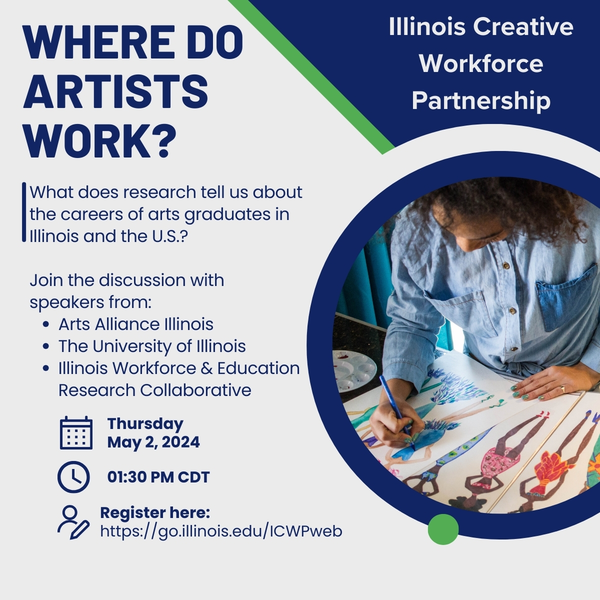 Join our webinar this Thursday, May 2, 2024, 1:30 PM Central to explore the findings of a study on the diverse career paths of arts graduates, beyond the creative sector. Discover the various fields where arts graduates are making an impact. Register here: go.illinois.edu/ICWPweb